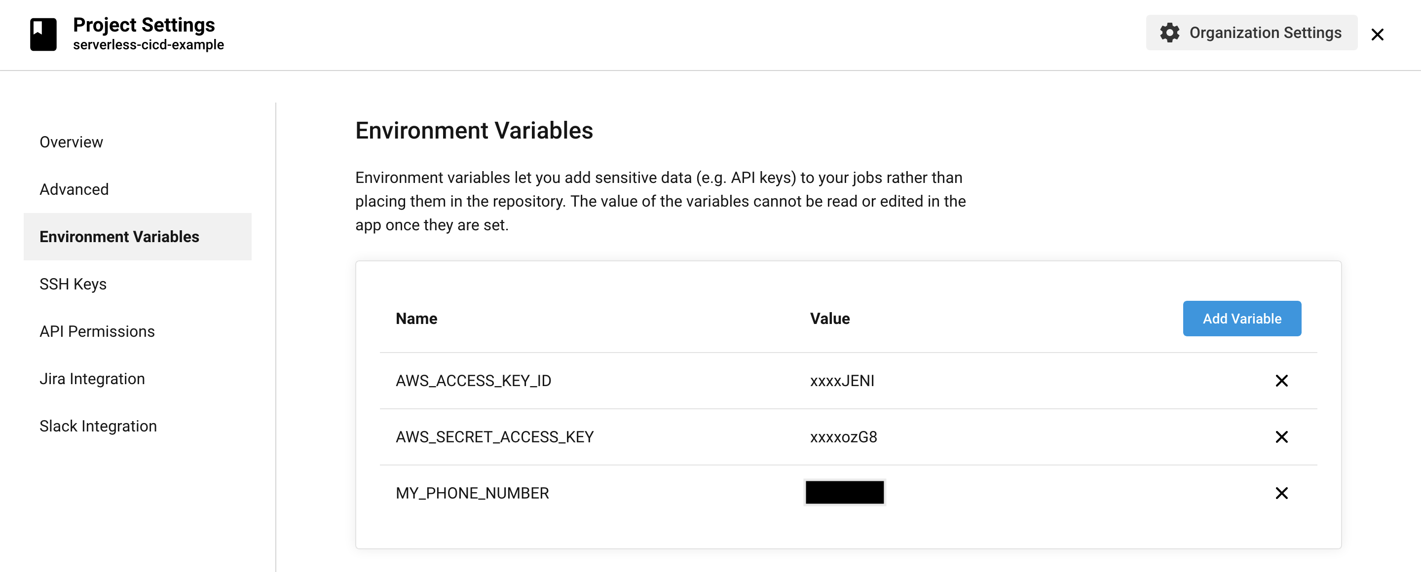 CircleCI environment variables - Phone number
